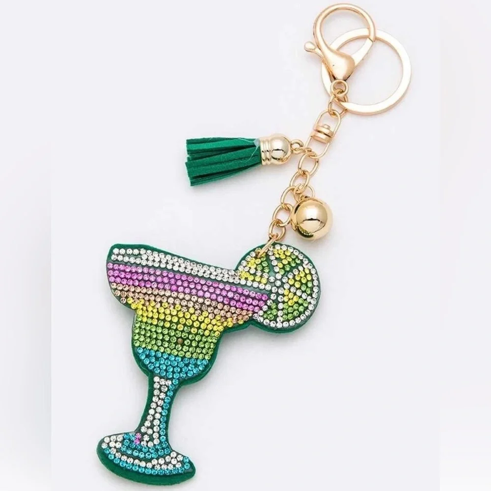 Ella Green Jeweled Margarita Glass Keychain Bag Charm with Tassel
